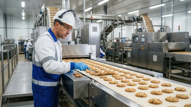 Male factory worker in protective gear inspects freshly baked chocolate chip cookies on an automated conveyor belt in a modern food production facility.
