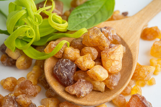 Frankincense or olibanum aromatic resin isolated on white background used in incense and perfumes.