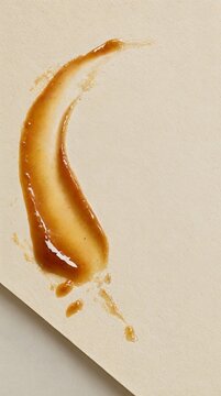 A gourmet glossy dark brown sauce smear dragged on a sleek neutral culinary food service paper tray.