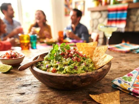 Fresh homemade guacamole in a rustic wooden bowl with tortilla chips on a wooden table with friends laughing and drinking in the blurred background at a festive dinner party
