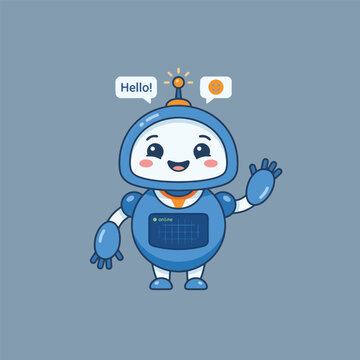 Cute Friendly Robot Character Mascot Waving Hand, Adorable Blue and White Futuristic Bot Illustration