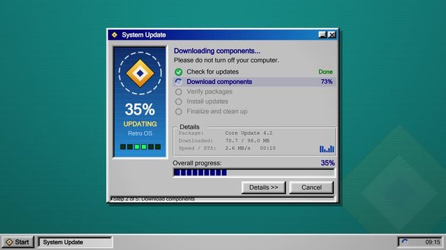 Retro computer system update progress bar moving to completion