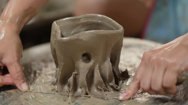 Potter Cutting Clay Vessel Off Wheel with Wire in Workshop