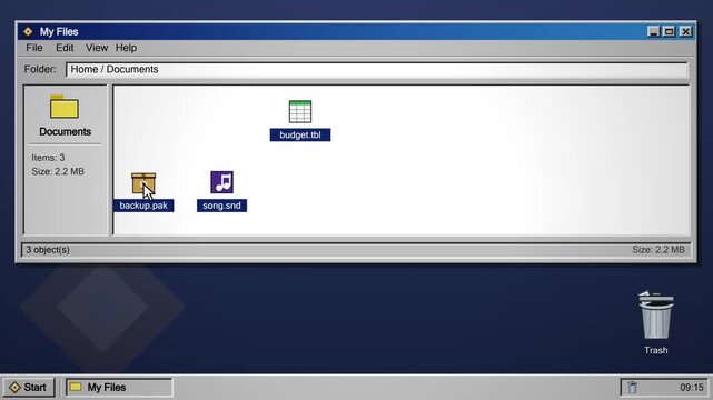Retro computer interface shows deleting files and emptying the trash