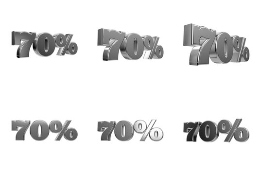 Set of six glossy silver 3D seventy percent signs