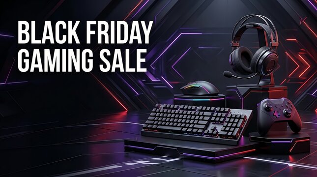 Black friday gaming sale advertisement showcasing a focused gamer wearing headphones with a brightly illuminated computer setup for marketing promotions