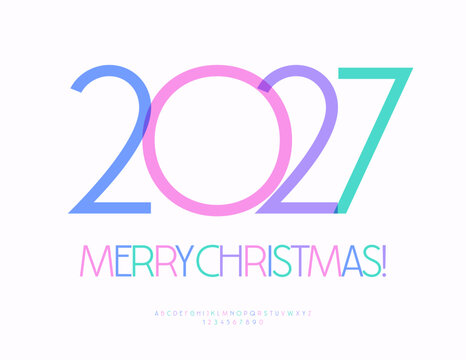 Vector Artistic Greeting Merry Christmas 2027! Bright Colorful Font. Modern Slim set of Transparent Watercolor Alphabet Letters and Numbers.