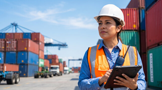Female Logistics Manager Supervising Cargo Container Operations at Freight Shipping Terminal