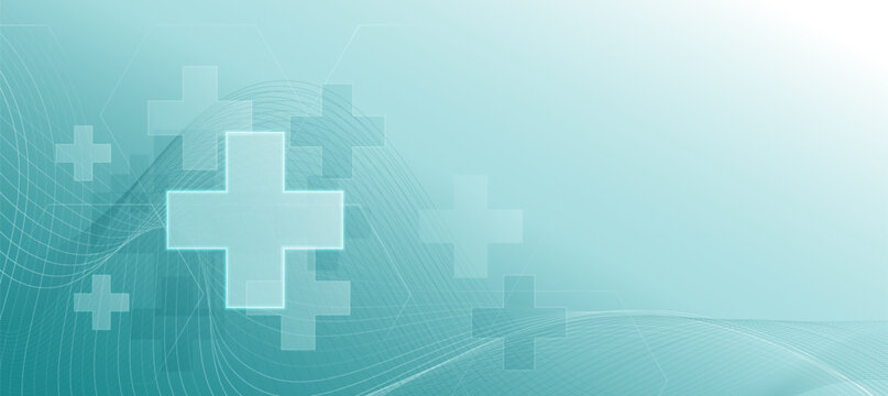 Abstract Teal Medical and Healthcare Background with Wavy Lines and Cross Symbols