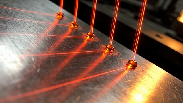 Glowing five amber droplets resting on brushed metal plate in workshop, with red laser beams