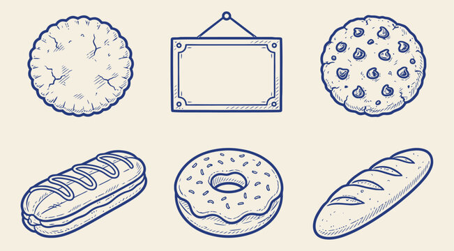 Set of vintage blue line art illustrations featuring biscuit sign chocolate chip cookie eclair donut and baguette