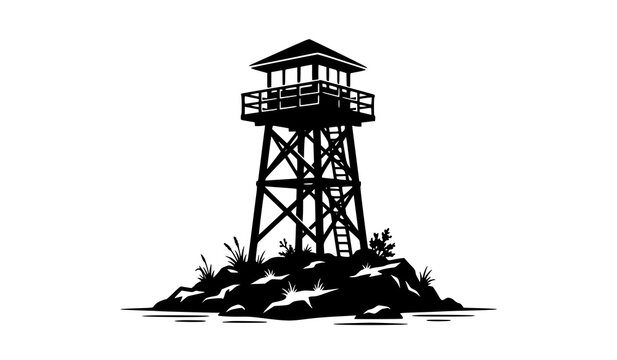 Wooden forest fire lookout watchtower structure built on rocky hill island with observation deck cabin