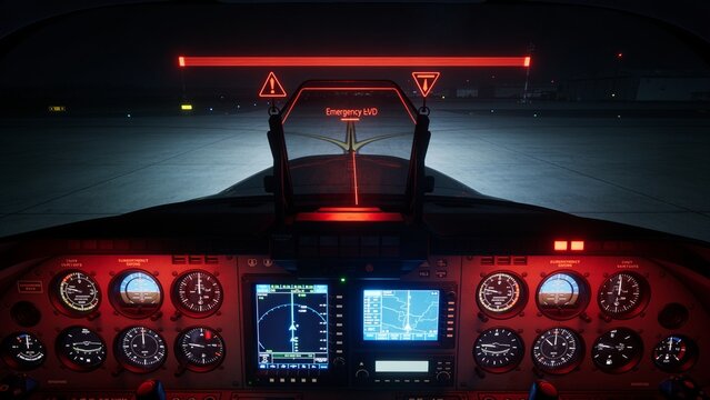 Displaying cockpit panel on apron at night, showing red HUD Emergency HVD, dual MFDs, analog gauges