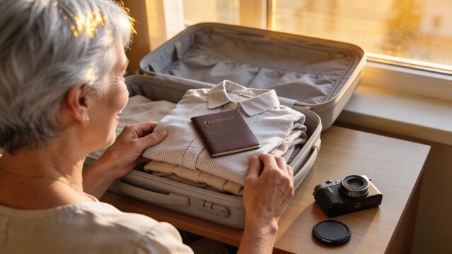 Packing senior in light top preparing carry-on at room table by window, passport, camera