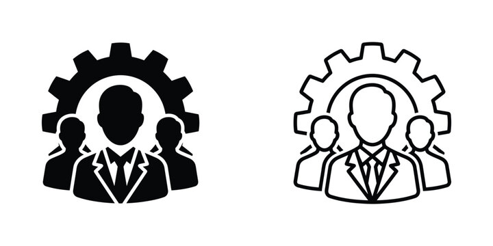 Professional team icons featuring gear and silhouettes representing collaboration and engineering expertise