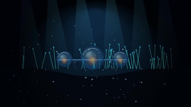 Concert stage with colorful light beams and fog