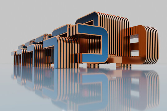 Low angle of 3D striped units mirrored on pale blue