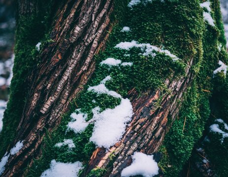 Closeup of a tree trunk covered in vibrant green moss and patches of fresh winter snow in a forest