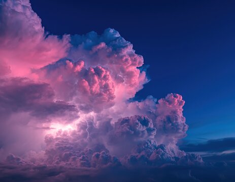 Dramatic thunderstorm clouds with lightning at twilight, vibrant pink and deep blue sky