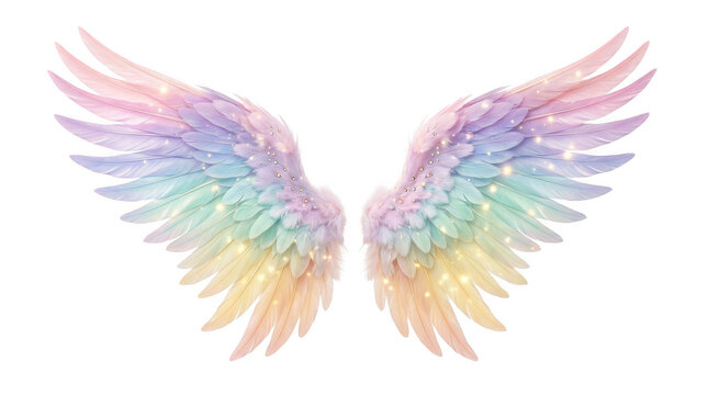 Pair of magical fairy wings with pastel rainbow feathers and glowing sparkles isolated on transparent background