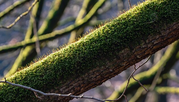 Closeup of vibrant green moss growing on a tree branch in a sunlit forest