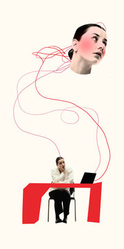 Pensive woman sitting at laptop beneath enlarged floating head connected by red lines on cream background. Self-image, identity and workplace rumination concept.