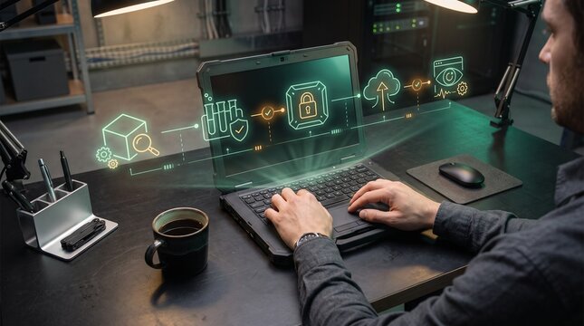 DevOps engineer managing secure software deployment pipeline and cloud testing on rugged laptop on industrial office desk   