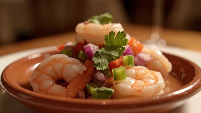 Close-up of fresh shrimp ceviche or seafood cocktail served in a terracotta bowl, garnished with diced red onion, peppers, and cilantro.