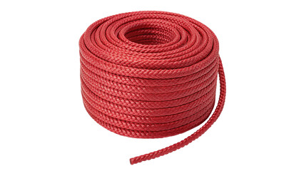A tight coil roll of red synthetic rope cord isolated on white background © Sophia
