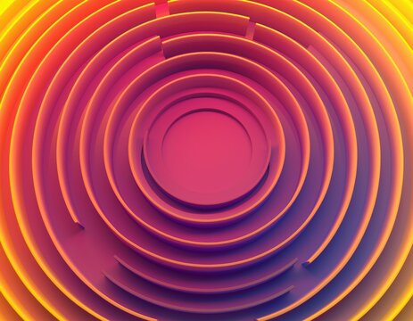 Abstract 3d background with concentric circular rings in a vibrant gradient of yellow, orange, pink, and purple
