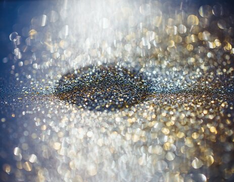 Abstract background of sparkling gold and silver glitter particles with bokeh effect