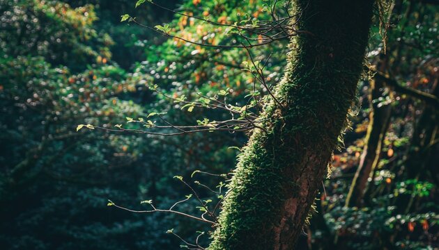 Mossy tree trunk in a lush green forest with soft sunlight filtering through the leaves