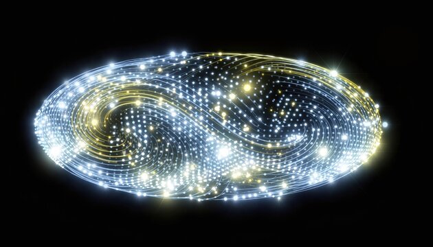 Abstract infinity symbol made of glowing particles and light trails on black background