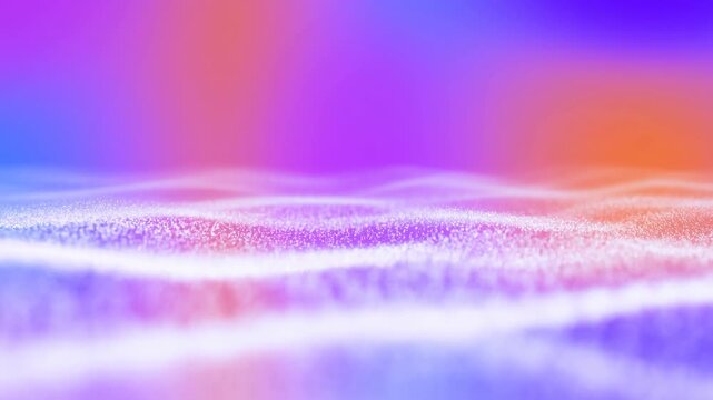 White particles ripple in layered waves across purple and pink abstract background with blue and orange gradients, glowing curved ridges, soft foreground blur and open space above
