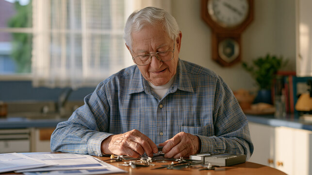 An elderly drone operator counts rotors and battery packs by hand on a modest kitchen table, an old clock ticking on the wall above, open source hardware manuals spread beside