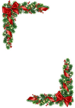 Christmas vertical corners decoration with red bow, pine branch, berries, and ribbons on tree. Holiday design element. Transparent background in vector file.