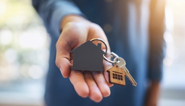 Real estate agent holding house keys with houseshaped keychain in hand
