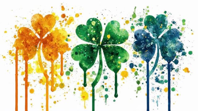 Colorful abstract paint splatter with three clover leaves in orange, green, and blue. Saint Patrick's Day, St Paddy's Day, St Patty's Day - Irish National Holiday and Cultural Celebration