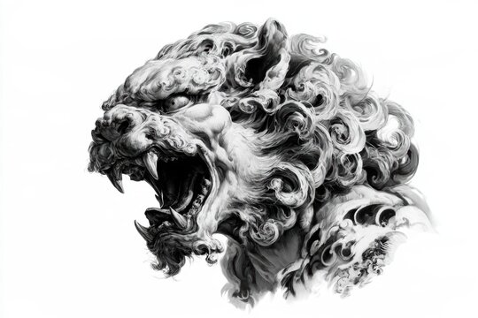 Stylized komainu sculpture featuring a roaring lion head with intricate details