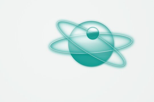 Teal atom with a central sphere and two intersecting elliptical orbital rings on a plain white background, symbol