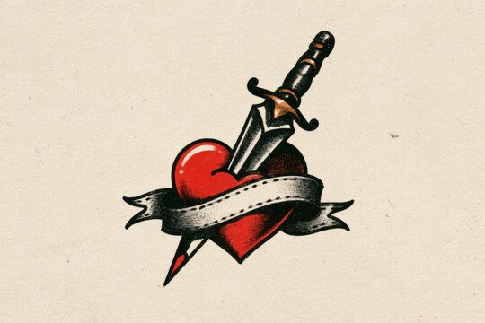 Traditional tattoo flash drawing of a heart with a dagger and a scroll