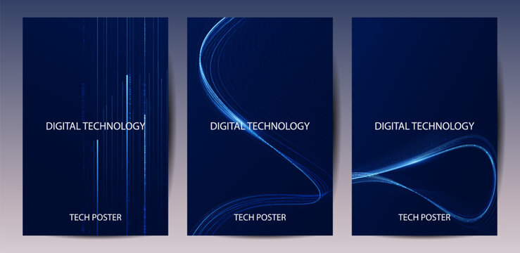 Abstract digital technology background with blue light lines and particles vector