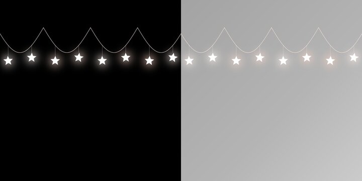 Glowing star-shaped string lights hanging in a wavy line, set against contrasting black and light gray split background panels