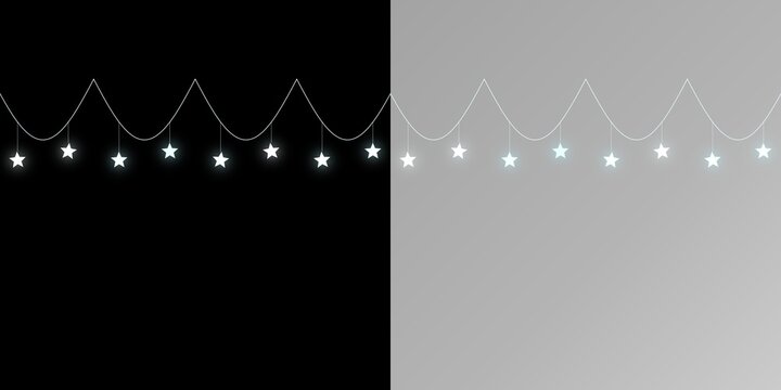 Glowing star-shaped string lights hanging in a scalloped pattern against a split black and light gray background