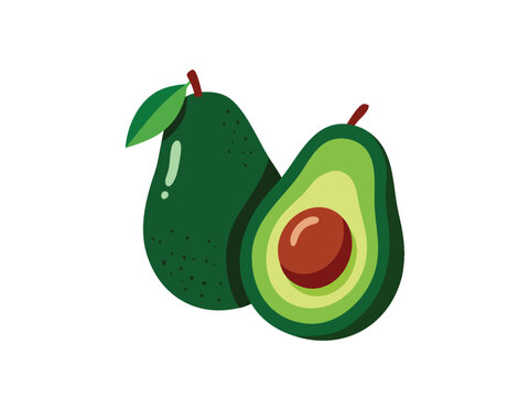 Illustration of a whole avocado and a halved avocado isolated on a white background