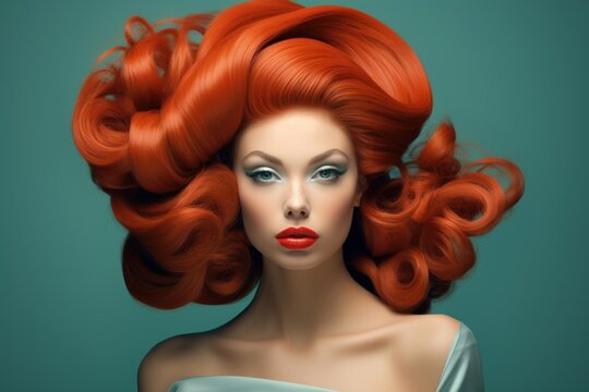 Studio portrait of a glamorous woman with voluminous hairstyle and elegant makeup