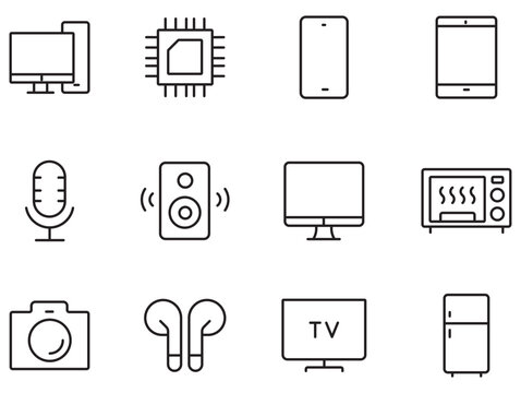 Minimalist technology icon set, black solid vector electronic devices icons, modern hardware graphic elements for app design