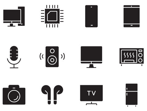 Minimalist technology icon set, black glyph electronics silhouettes, modern computer and home appliance vector symbols