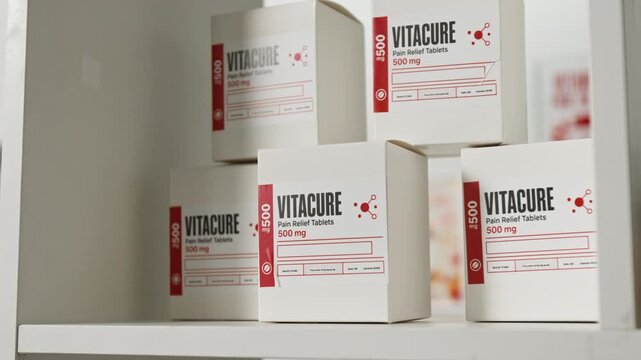 Pharmaceutical medicine boxes standing on drugstore shelf during smooth pan. Perfect for healthcare marketing, pharmacy retail promos, and medical supply concepts