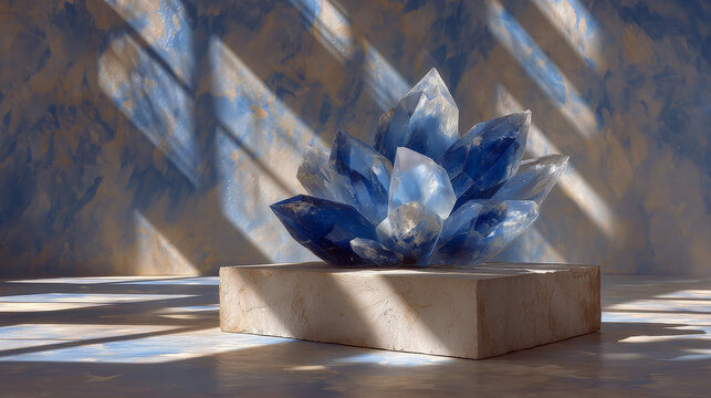 A blue glass flower crystal sits on a stone block pedestal with dramatic sunlight casting window shadows on a textured wall background.   